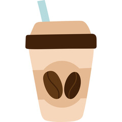 Brown coffee cup with light blue straw and brown coffee beans illustration on a light brown background with a dark brown band around the cup