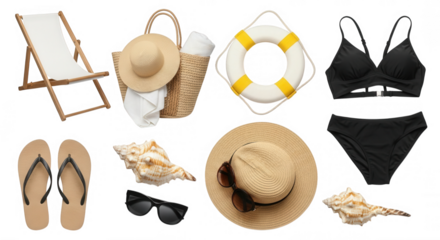 Beachwear and accessories arranged on black isolated on a transparent background