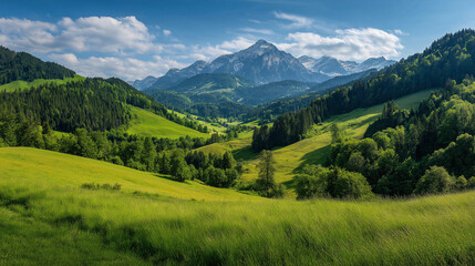 Fototapeta premium Lush green valley with rolling hills, dense forests, and snowcapped mountains under a bright blue sky with scattered clouds