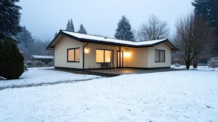 A cozy cream-colored house with black trim surrounded by snow on a quiet evening, inviting warmth and tranquility