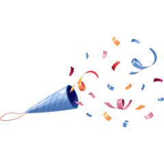 Blue Party Popper Exploding Colorful Confetti and Streamers Against a Clean White Background with a Transparent Overlay
