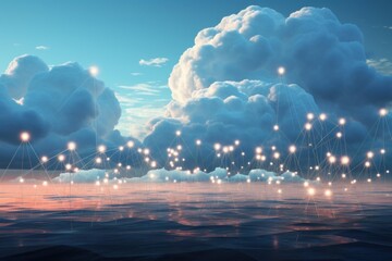 Futuristic cloud computing network connecting glowing nodes above a calm ocean at sunset, symbolizing global data connectivity and technology