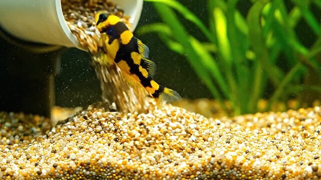 Down a cascade of sand created by a special filter, a goby tumbles and plays.