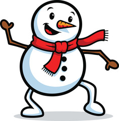Happy snowman dancing with red scarf, cheerful winter holiday illustration, cute cartoon character celebrating Christmas season in fun festive mood