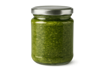 Pesto sauce in glass jar with metallic lid, a green condiment for italian food, transparent background