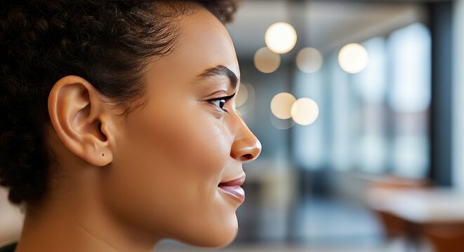 Close-up profile of a young Black woman smiling confidently in a modern office setting with soft bokeh lights. - Powered by Adobe