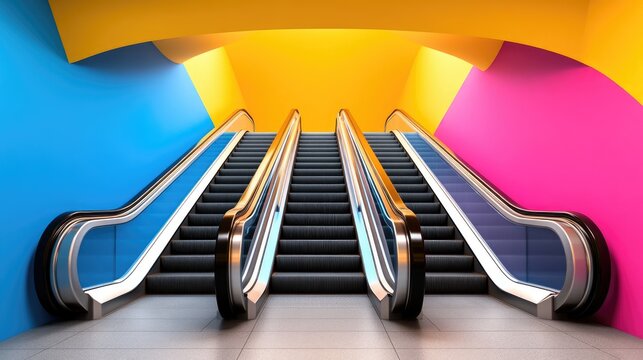Vibrant escalator adorned with neon lights in a colorful modernist architecture setting