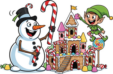 Happy snowman and Christmas elf building gingerbread candy castle, festive holiday illustration, colorful winter cartoon scene, cheerful Christmas decoration design