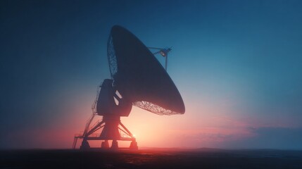 Cosmic conversations captured: secrets from deep space. High resolution. A massive satellite dish tunes into the universe's quiet symphony. Copy space. Modern style.