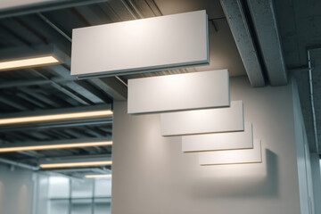 Blank rectangular signs hanging from the ceiling in a modern office space. blank signs are perfect for displaying information, branding, or advertising in a sleek, contemporary setting.