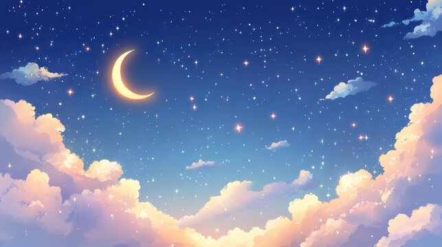 Dreamy crescent moon glows over a starry, cloud-filled twilight sky, inspiring wonder and tranquility for creative projects.