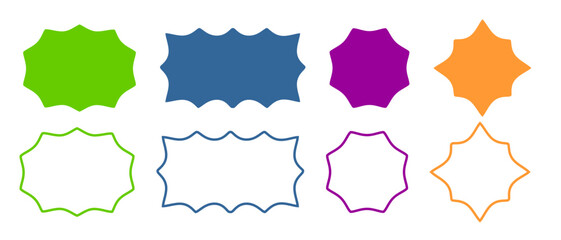 Set of square, round, rectangula and oval frames with wavy edges. Shapes with jagged borders. Empty text boxes, tags or labels, speech bubbles or online message templates. Vector graphic illustration.