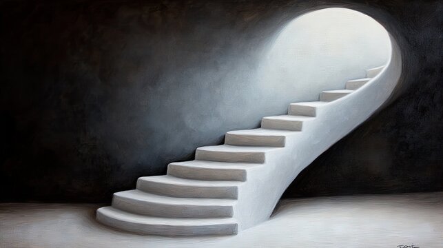 Stairway to illumination in a shadowy minimalist room featuring a striking oil painting of ascending steps toward light