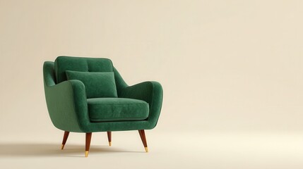 Elegant photo of luxurious emerald green velvet armchair with wooden legs on a plain background.