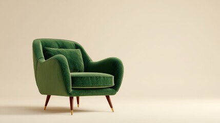 Elegant photo of luxurious green velvet armchair with a small cushion on a neutral background.