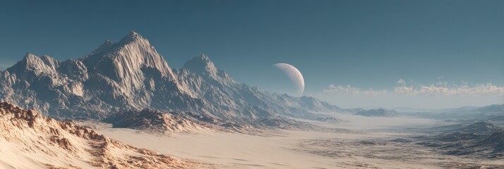 Elegant photo of alien planet landscape with mountains and a large moon in the sky.