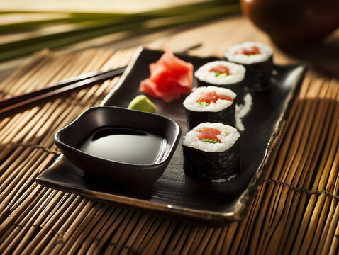 Tekka maki rolls on black ceramic plate with soy sauce elegant Japanese dining setting
