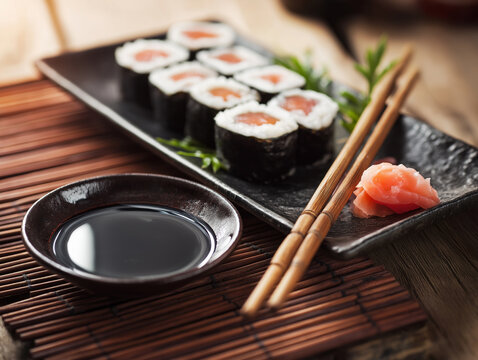 Tekka maki rolls on black ceramic plate with soy sauce elegant Japanese dining setting
