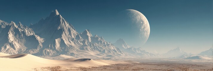 Elegant photo of alien planet landscape with mountains and a large moon in the sky.