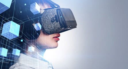 Woman wearing VR headset with digital cube interface overlay, realistic photo style, gradient background, concept of virtual reality in business