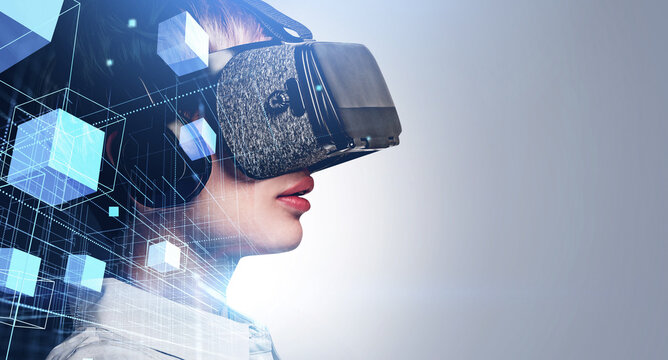 Woman wearing VR headset with digital cube interface overlay, realistic photo style, gradient background, concept of virtual reality in business