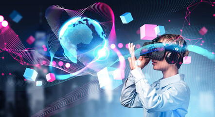 Young person wearing VR headset interacting with digital globe and colorful data cubes, futuristic style on blurred city background, concept of innovation