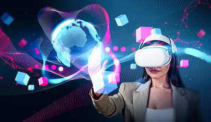 Woman in VR headset interacts with digital globe and colorful cubes, futuristic graphic style, dark background. Concept of virtual business and tech