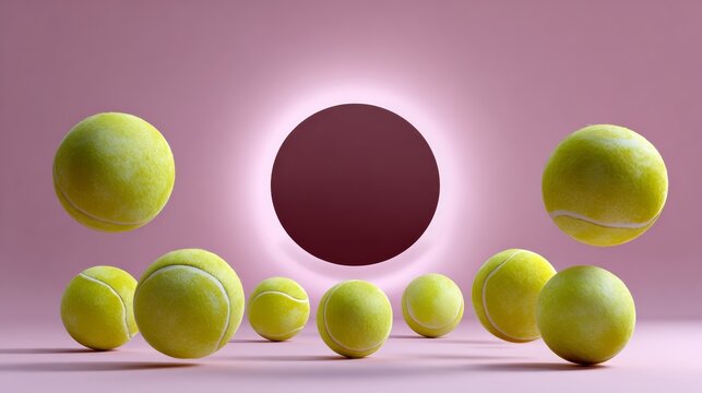Yellow tennis balls floating in mid-air against a soft pink background, with a dark circular shape in the center, creating a dynamic and playful visual composition for sports-themed designs - Powered by Adobe