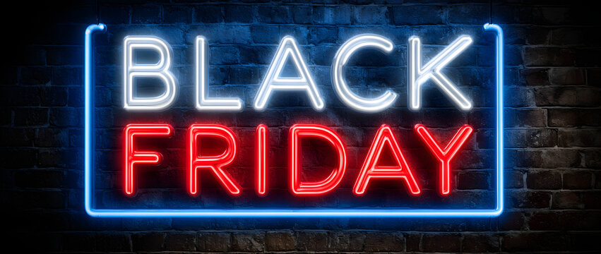 Black Friday sale. Black Friday neon sign on brick wall background. Glowing white and red neon text in blue frame for advertising and promotion. Banner and background, brochure and flyer design