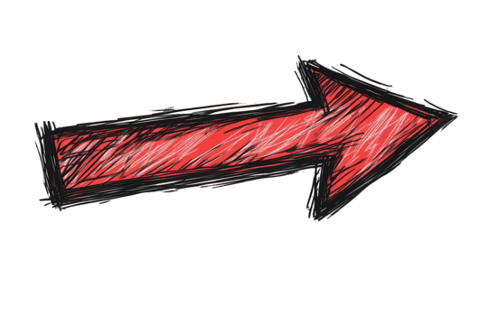 Hand-drawn red arrow pointing to the right on a transparent background for various directional uses