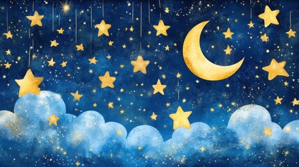 Dreamy night sky with golden moon and stars twinkling above fluffy clouds, perfect for children's themes or magical concepts