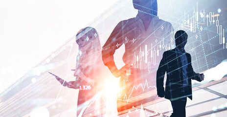 Silhouettes of business people overlaid with financial data and charts, modern graphic style,...