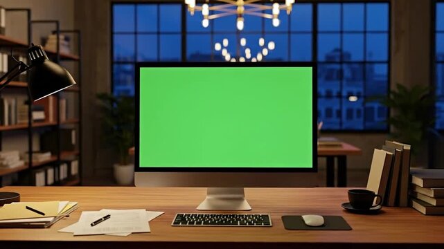Modern cozy workspace at night with computer monitor green screen on wooden desk in stylish office interior with warm lighting atmosphere and contemporary technology setup