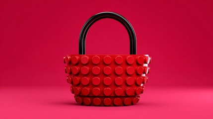 Vibrant red basket designed with playful circular elements, featuring a sleek black handle, set against a bold pink background, showcasing modern design and creativity in everyday accessories