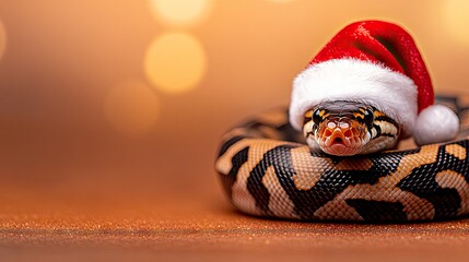 A festive ball python dons a Santa hat in a warm and inviting holiday setting, celebrating the joy of the season with charm and whimsy