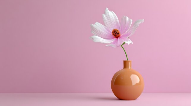 Elegant pink flower in a round terracotta vase, positioned on a smooth pastel pink surface, creating a serene and minimalist aesthetic perfect for home decor and interior design inspiration