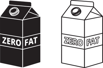 Dairy milk carton box with Zero Fat text black and white vector icon graphic element