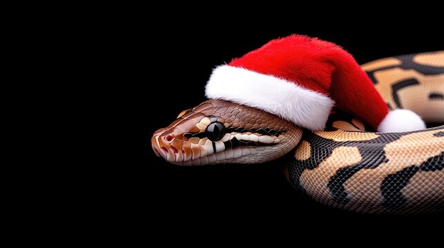 A festive ball python dons a charming Santa hat against a sleek black backdrop showcasing its unique patterns and texture
