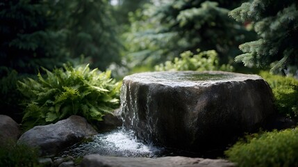 A serene natural stone water feature with cascading water in a lush garden setting