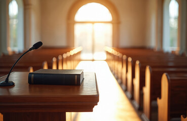Empty church with wood pulpit and bible in front. Sun shines through arch doors onto rows of empty pews. Microphone waits for speaker during service.