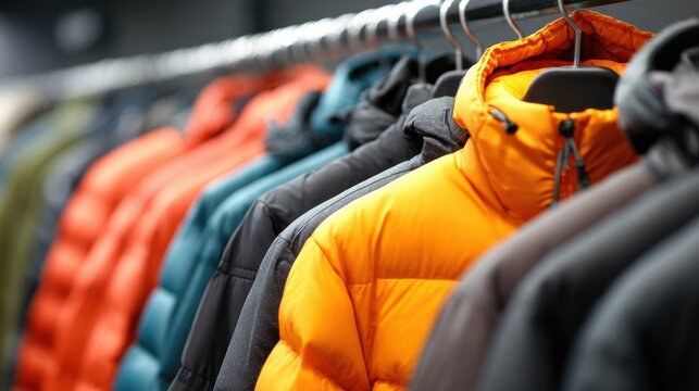 Elegant photo of row of colorful puffer jackets hanging on a clothing rack.