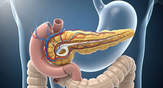 Illustration of Pancreas, Duodenum and Stomach Human Anatomy on Blue Background 3D Rendering