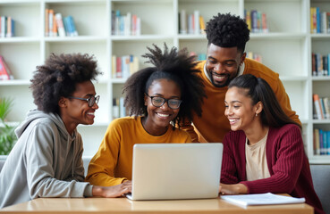Four diverse students collaborate on laptop in library setting. Young adults engage in shared learning and teamwork around computer with bookshelves in background. They smile and interact happily.