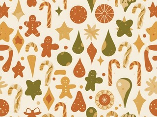 Cute gingerbread cookie seamless pattern with candy canes and stars, warm cozy Christmas holiday baking themed wallpaper design