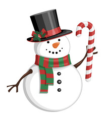 Cute snowman holding candy cane and wearing hat and striped scarf. Vector illustration