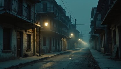 Fototapeta premium Empty street lined with old buildings at night. Gas lamps cast eerie light on wet pavement. Foggy atmosphere creates desolate scene. and forgotten architecture.