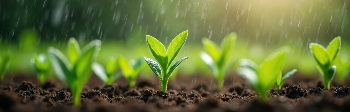 Young green sprouts grow from dark soil. Light rain falls on fresh plant leaves in field. Natural agriculture, new life, growth, and farming concepts.