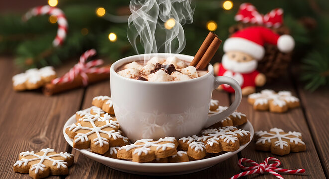 Steaming hot chocolate with marshmallows and cinnamon sticks on a festive christmas table