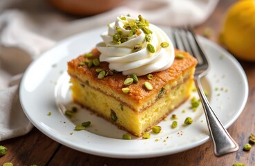 Ekmek kadayif dessert slice topped with fluffy cream and crushed pistachios. Served on white plate with fork. Golden brown baked bread pudding drizzled with syrup.