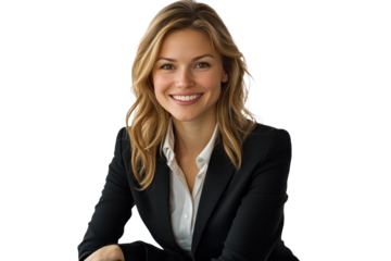 Businesswoman in a sleek black suit smiles confidently while seated at a bright, modern office space during a sunny daytime meeting